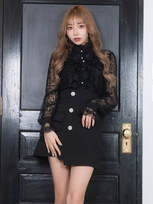 [韓国ドレス] セットアップ フリルレース 長袖 ワンピース スタンドネック ブラウス スカートパンツ Aライン キャバドレスのイメージ画像1