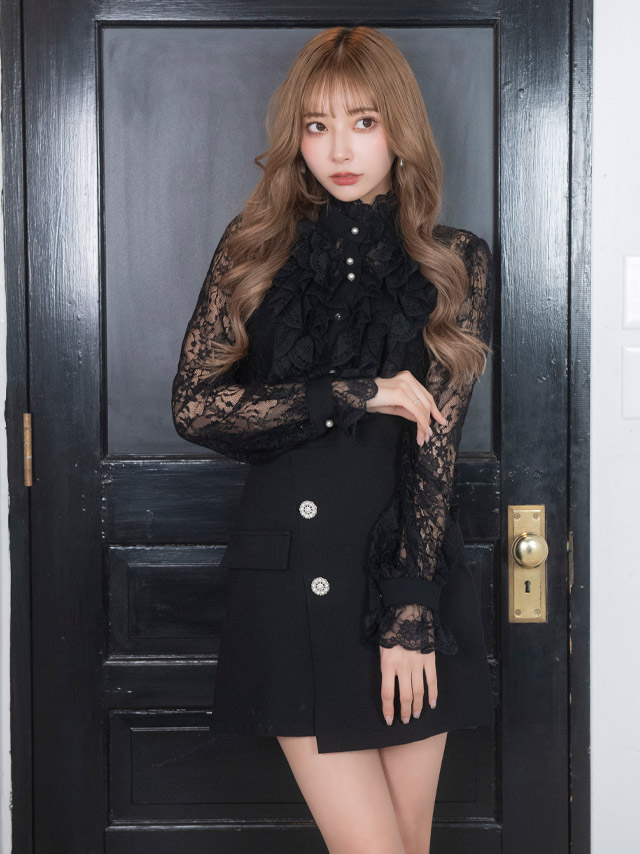 [韓国ドレス] セットアップ フリルレース 長袖 ワンピース スタンドネック ブラウス スカートパンツ Aライン キャバドレスのイメージ画像3