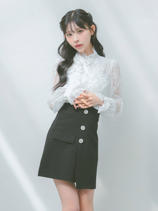 [韓国ドレス] セットアップ フリルレース 長袖 ワンピース スタンドネック ブラウス スカートパンツ Aライン キャバドレスのイメージ画像4