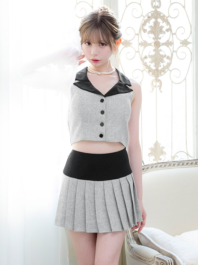 ミニドレス Aライン セットアップ ホルターネック 襟付き プリーツ バイカラー グレー XL キャバドレスのイメージ画像1