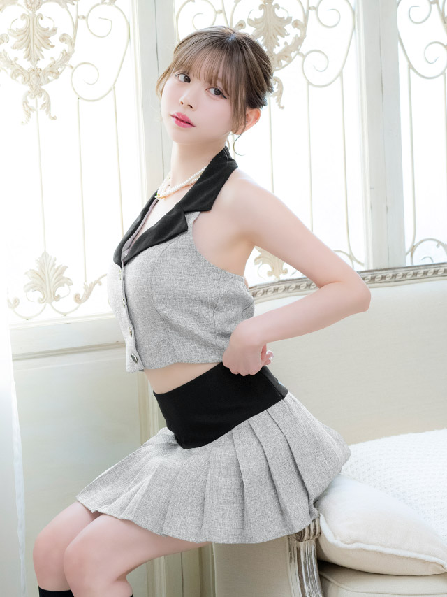 ミニドレス Aライン セットアップ ホルターネック 襟付き プリーツ バイカラー グレー XL キャバドレスのイメージ画像2