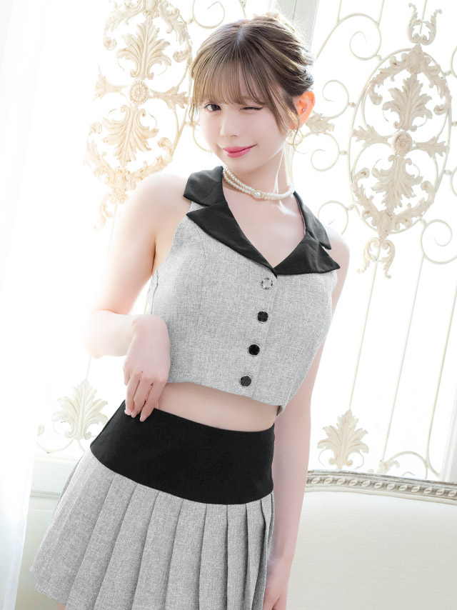 ミニドレス Aライン セットアップ ホルターネック 襟付き プリーツ バイカラー グレー XL キャバドレスのイメージ画像2