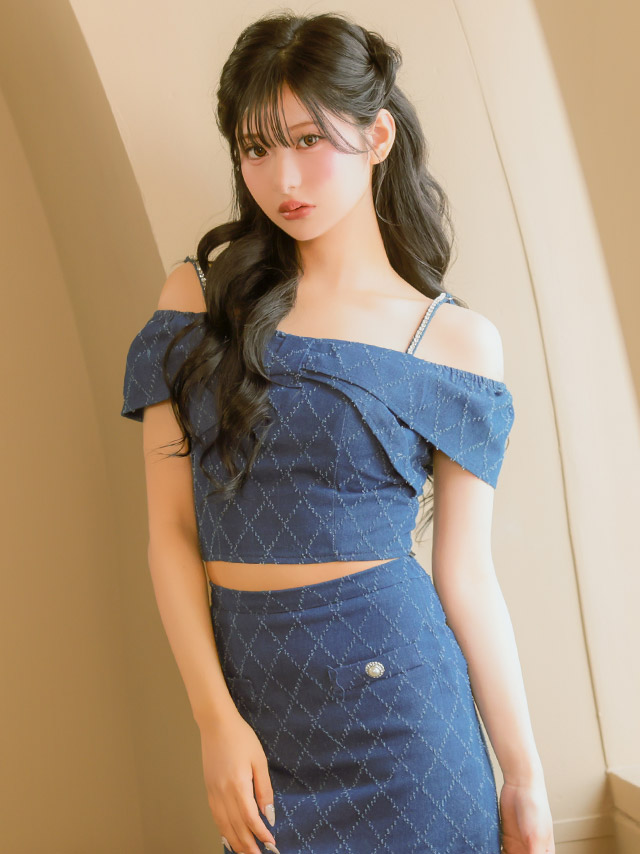 ミニドレス セットアップ 肩あき リボン キルティング風 デニム ブルー XL タイト キャバドレスのイメージ画像1