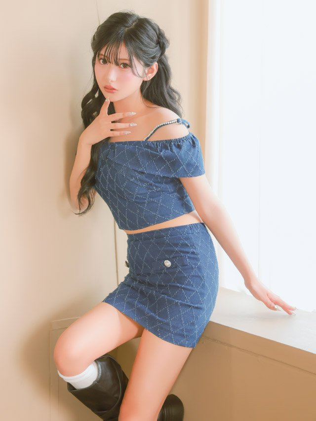 ミニドレス セットアップ 肩あき リボン キルティング風 デニム ブルー XL タイト キャバドレスのイメージ画像2
