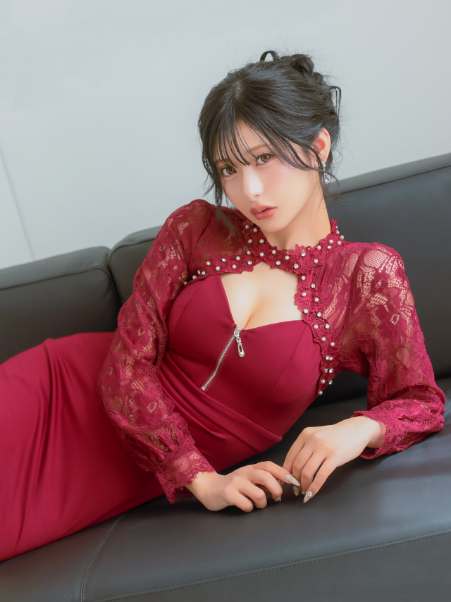 ミニドレス 長袖 袖あり ベルスリーブ ジップ 谷間 パール ビジュー ストレッチ 二の腕カバー XL ワインレッド タイト キャバドレスのイメージ画像2
