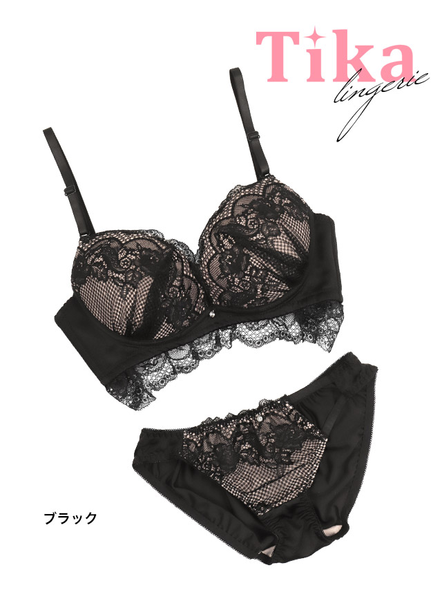 ヌーディーカラー×ブラックレースカップブラジャー＆ショーツ2点セットのカラー詳細