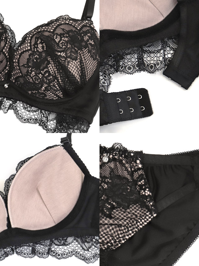 ヌーディーカラー×ブラックレースカップブラジャー＆ショーツ2点セットの詳細画像