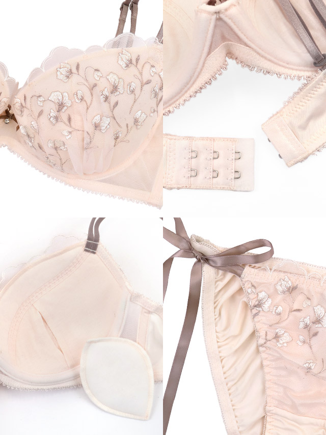 ランジェリー ヌーディー ノスタルジック 刺繍 レース ブラック 白 脇高 ブラジャー ショーツ ランジェリー 下着 2点セットの詳細画像