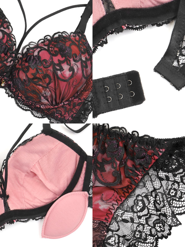 ランジェリー 下着 グラデーション 刺繍 ブラックレース クロスコード 脇高 ワイヤー ブラジャー ショーツ 2点セットの詳細画像