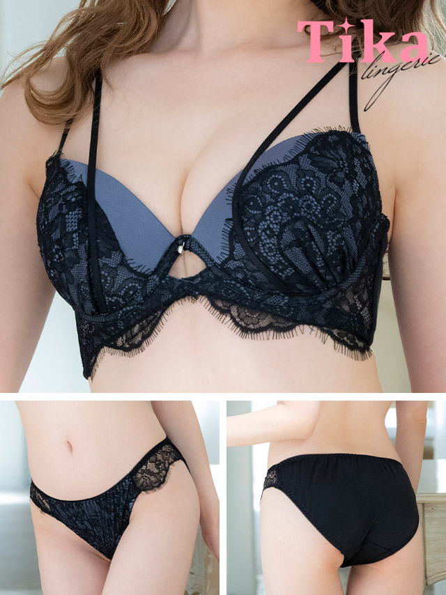 サテン ブラックスカラップレース レイヤード ワイヤー ブラジャー ショーツ 2点セットの詳細画像