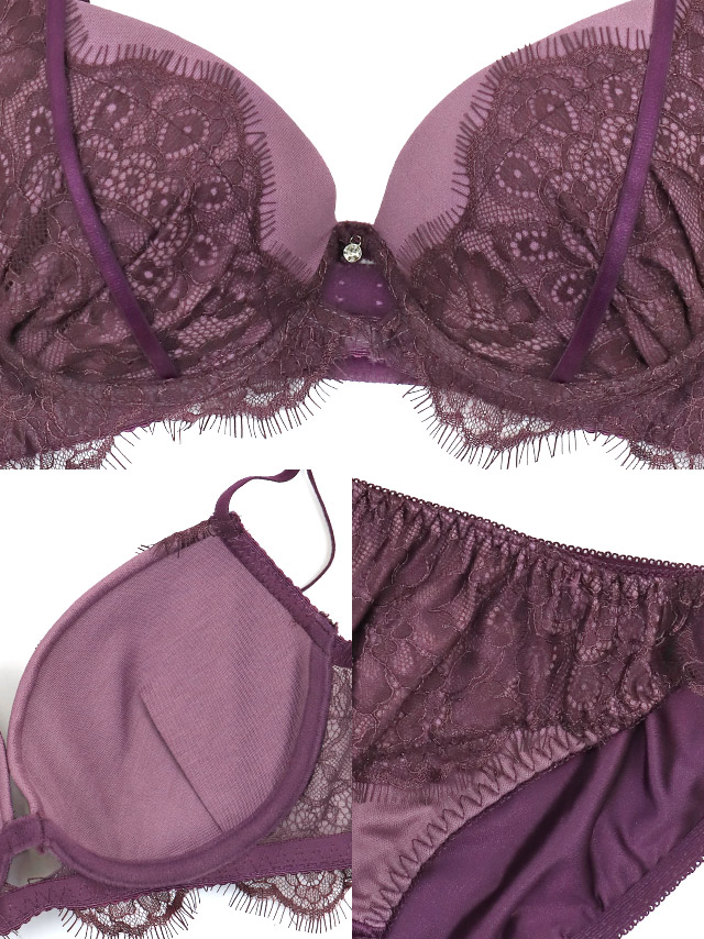 サテン ブラックスカラップレース レイヤード ワイヤー ブラジャー ショーツ 2点セットの詳細画像