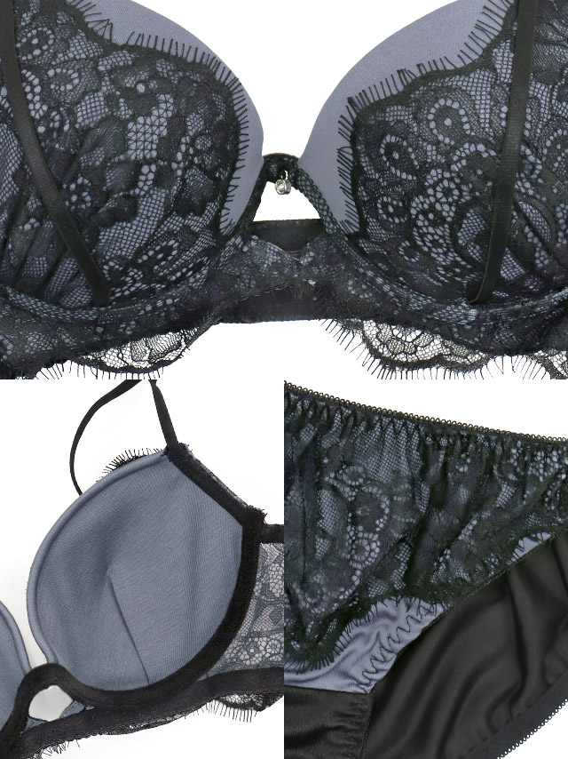 サテン ブラックスカラップレース レイヤード ワイヤー ブラジャー ショーツ 2点セットの詳細画像