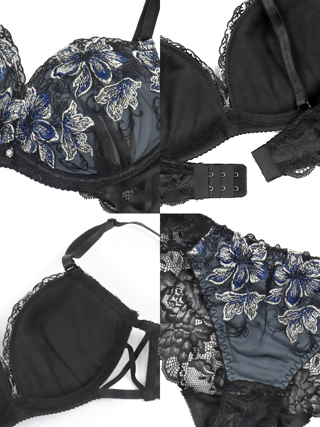 フラワー 刺繍 サイドクロス ワイヤー ブラジャー ショーツ 2点セットの詳細画像