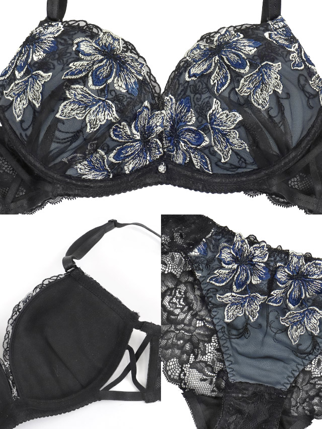 サテン ブラックスカラップレース レイヤード ワイヤー ブラジャー ショーツ 2点セットの詳細画像
