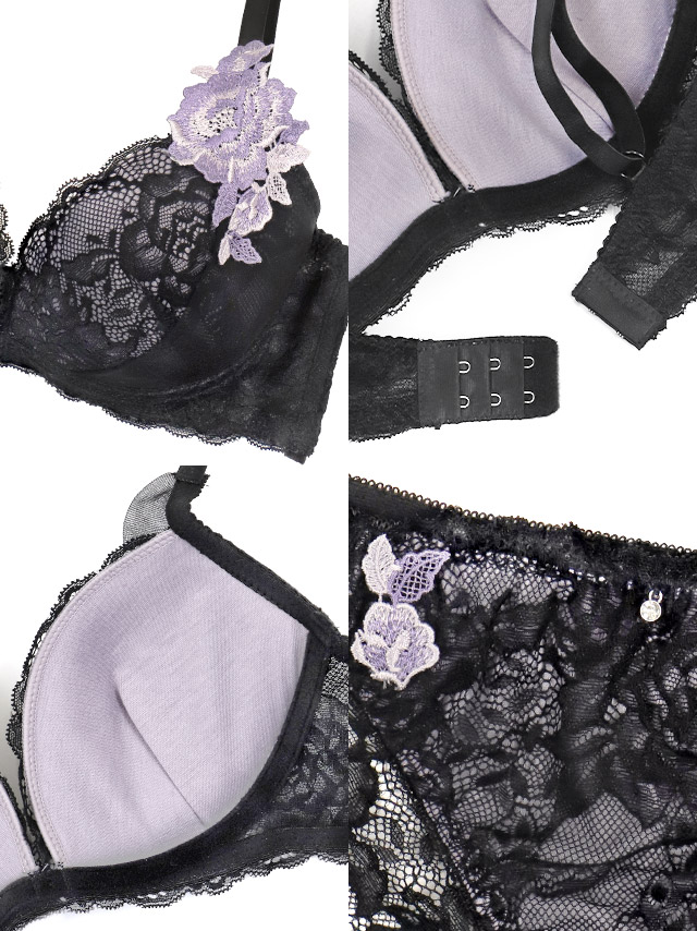 フラワー刺繍 レース ワイヤー ブラジャー ショーツ 2点セットの詳細画像