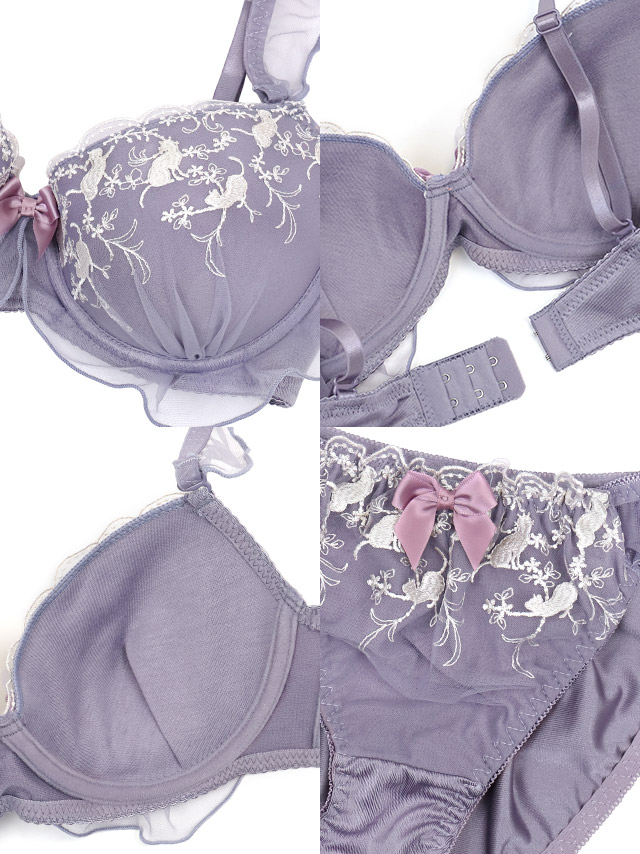 キャット 刺繍 フェミニン チュール フリル リボン ワイヤー ブラジャー ショーツ 2点セットの詳細画像
