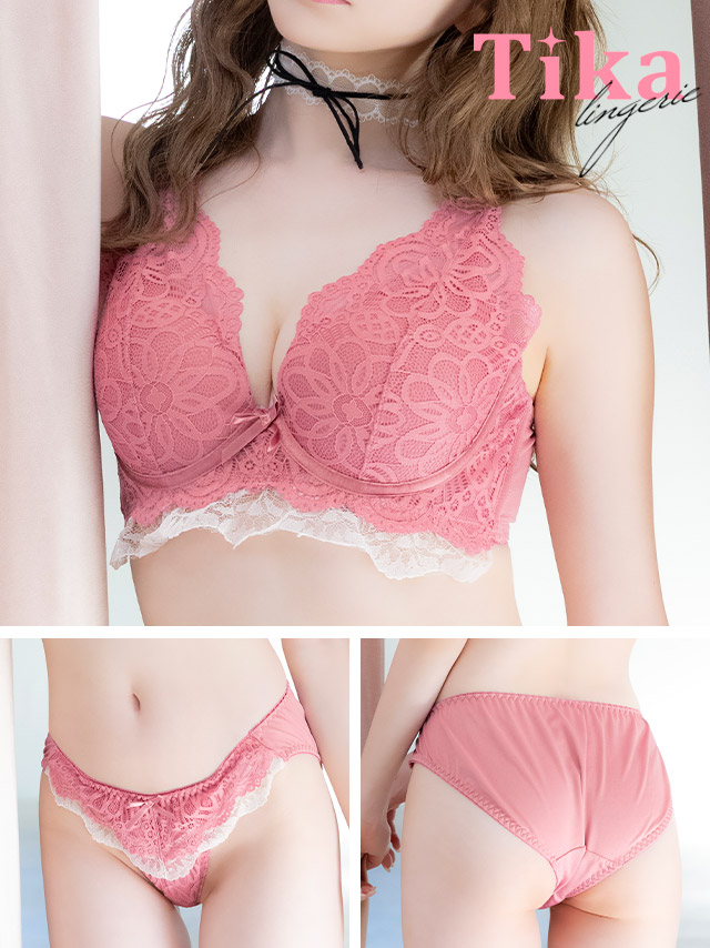 フラワー刺繍 レース ワイヤー バイカラー ブラジャー ショーツ 2点セットの詳細画像
