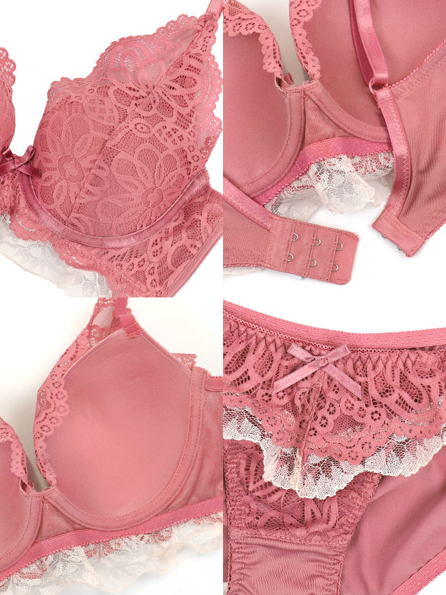 フラワー刺繍 レース ワイヤー バイカラー ブラジャー ショーツ 2点セットの詳細画像