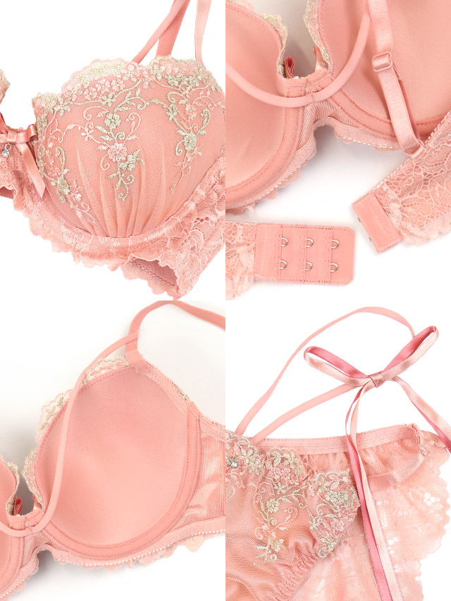 フェミニン刺繍リボンデザインレースカップブラジャー＆ショーツ2点セットの詳細画像