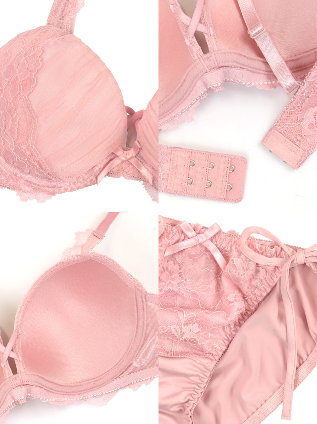 レースチュールリボンカップブラジャー＆ショーツ2点セットの詳細画像