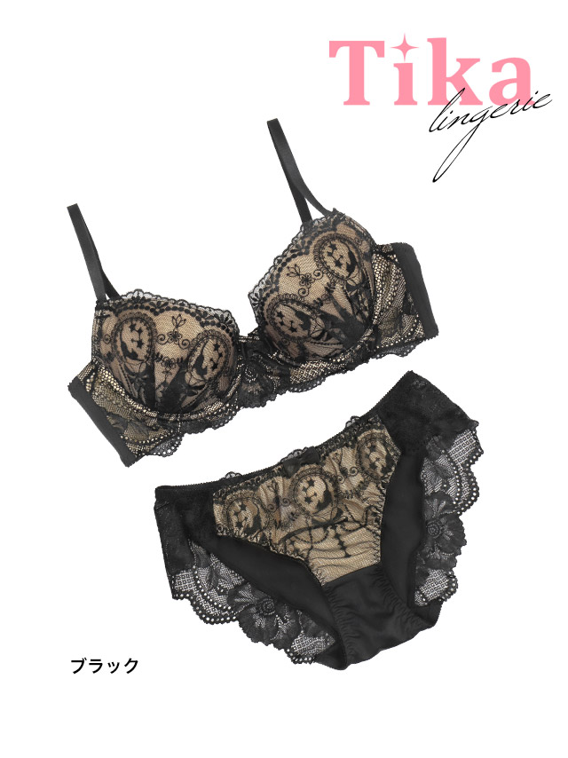 ヌーディー 刺繍 レース ブラック 黒 脇高 ブラジャー ショーツ ランジェリー 2点セットのカラー詳細