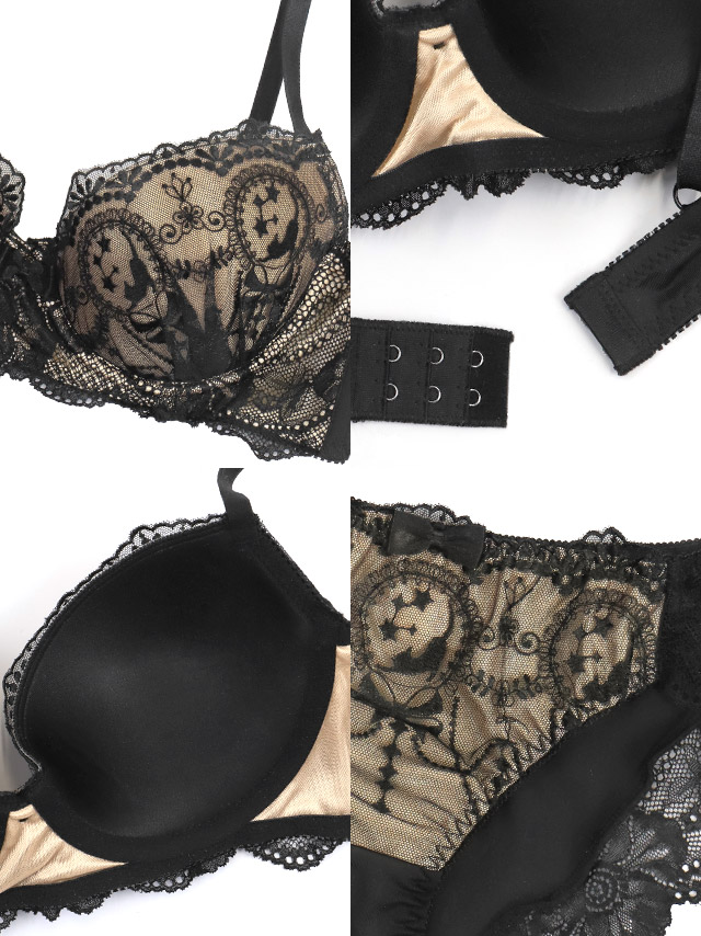 ヌーディー 刺繍 レース ブラック 黒 脇高 ブラジャー ショーツ ランジェリー 2点セットの詳細画像