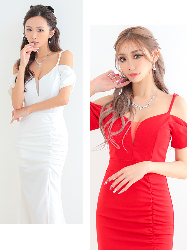 肩あき 袖リボン バスト シースルー ワンカラー サイドスリット マーメイドロングドレスのイメージ画像1