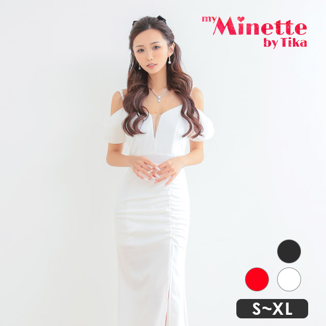 肩あき 袖リボン バスト シースルー ワンカラー サイドスリット マーメイドロングドレスのメイン画像