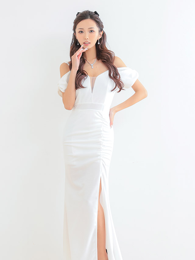 肩あき 袖リボン バスト シースルー ワンカラー サイドスリット マーメイドロングドレスのイメージ画像1