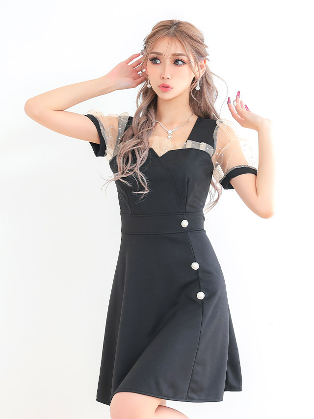 シアー 半袖 胸元フリル ハイウエスト切替 フレアミニドレスのイメージ画像2