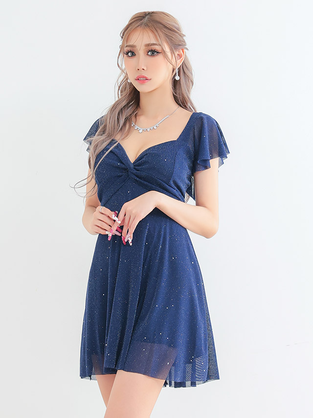 ラメフロントギャザー入りフリル袖フレアミニドレスのイメージ画像1