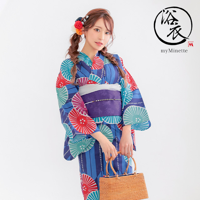 プチプラ 青地 × カラフル 菊柄 レトロ ストライプ ゆかた 2点セットのイメージ画像1