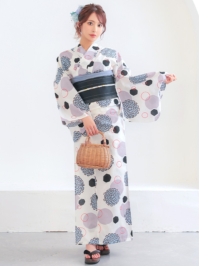 プチプラ 白色地 × レトロ モダン 和柄 ゆかた 2点セットのイメージ画像2