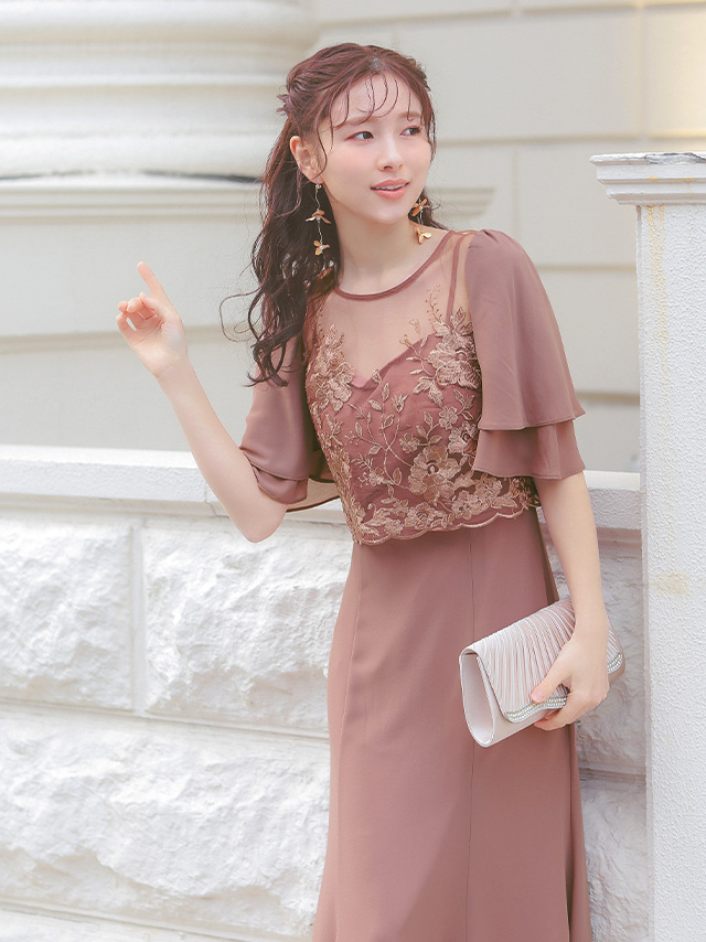 半袖シースルーフラワー刺繍ワンカラーロングスカート結婚式パーティードレスのイメージ画像3