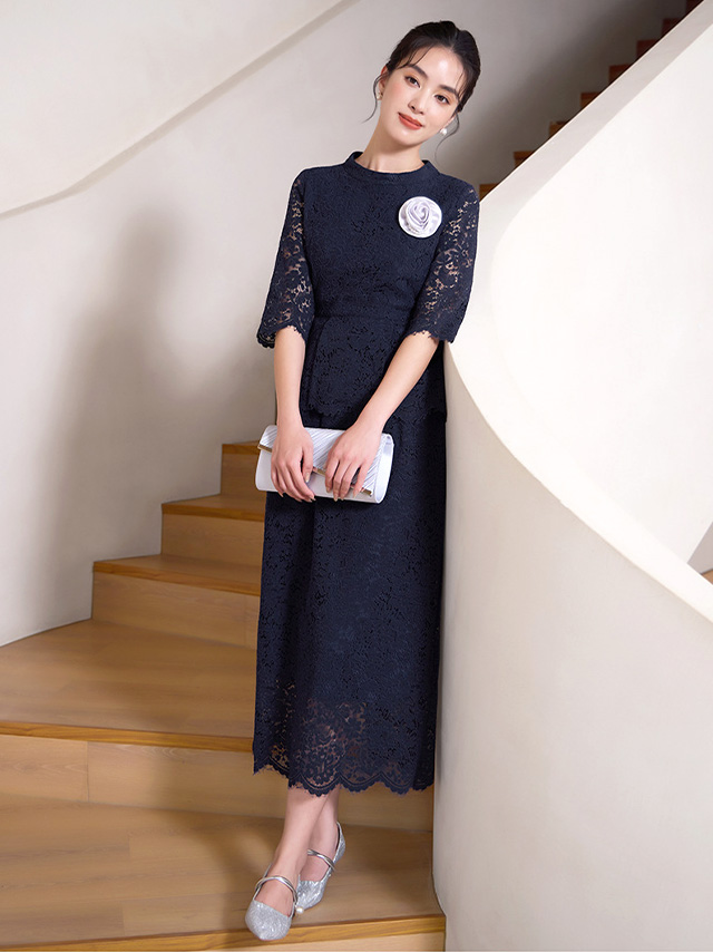 総レース5部袖トップス×タイトスカートツーピース結婚式パーティードレスのイメージ画像3