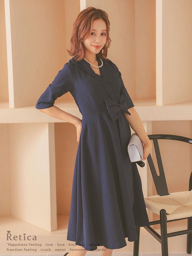 カシュクール風襟付きウエストリボンロング結婚式パーティードレスのイメージ画像1