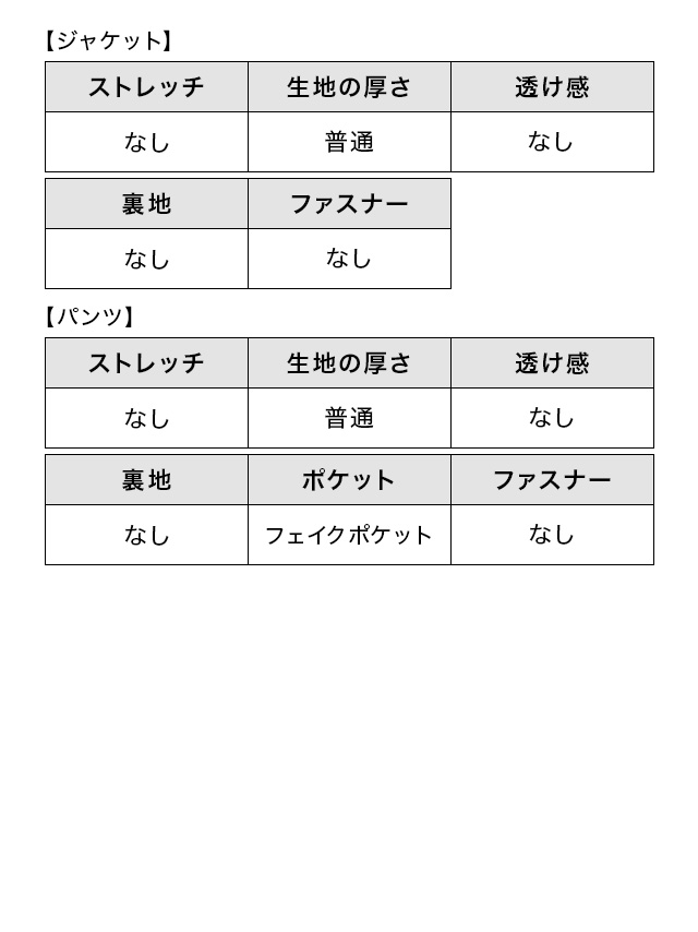 フレアスリーブノーカラージャケット×テーパードパンツスタイルセットアップセレモニースーツのスペック表