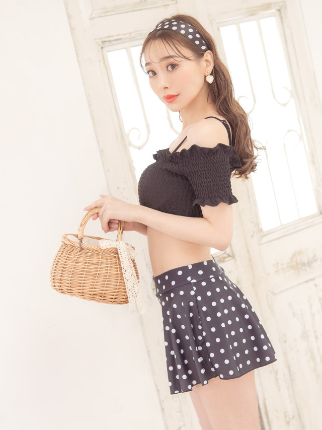 レースリボン付きラウンド型かごバッグ