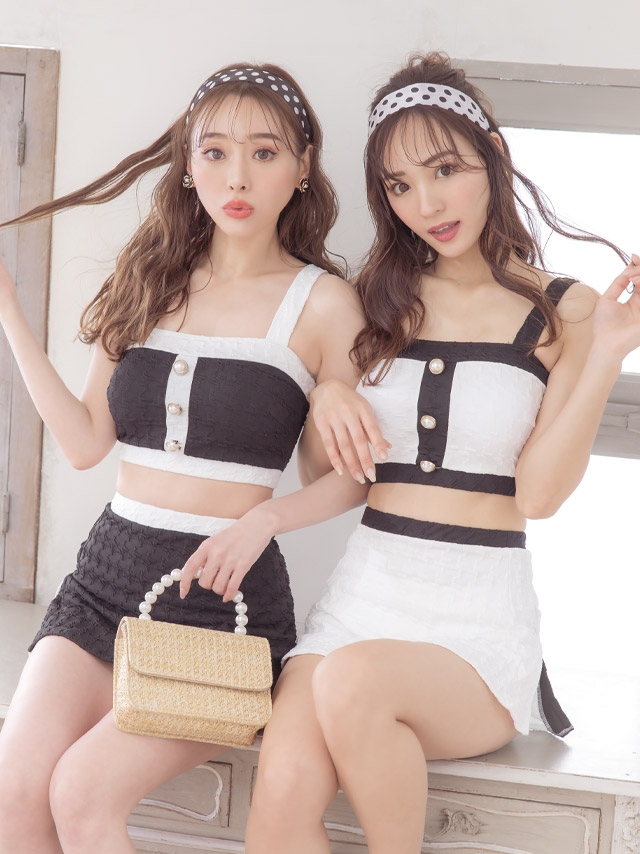 パイピング モノトーン スカート付き 体型カバー 韓国風 タンキニ ホワイト ブラック 白 黒 ビキニのイメージ画像1