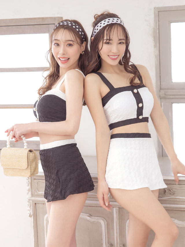 パイピング モノトーン スカート付き 体型カバー 韓国風 タンキニ ホワイト ブラック 白 黒 ビキニのイメージ画像2