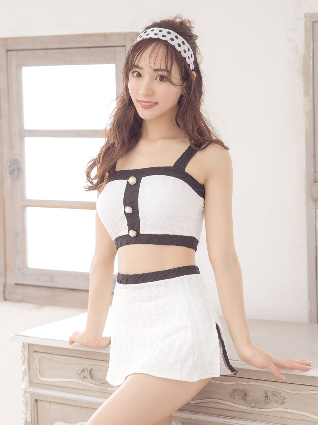 パイピング モノトーン スカート付き 体型カバー 韓国風 タンキニ ホワイト ブラック 白 黒 ビキニのイメージ画像1