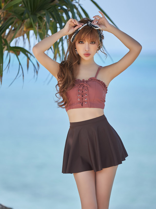 水着レースアップフリルビスチェショートパンツフレアスカート体型カバーハイウエストビキニのイメージ画像3