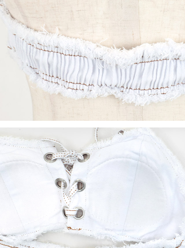 デニムビキニのフリンジと生地のアップ