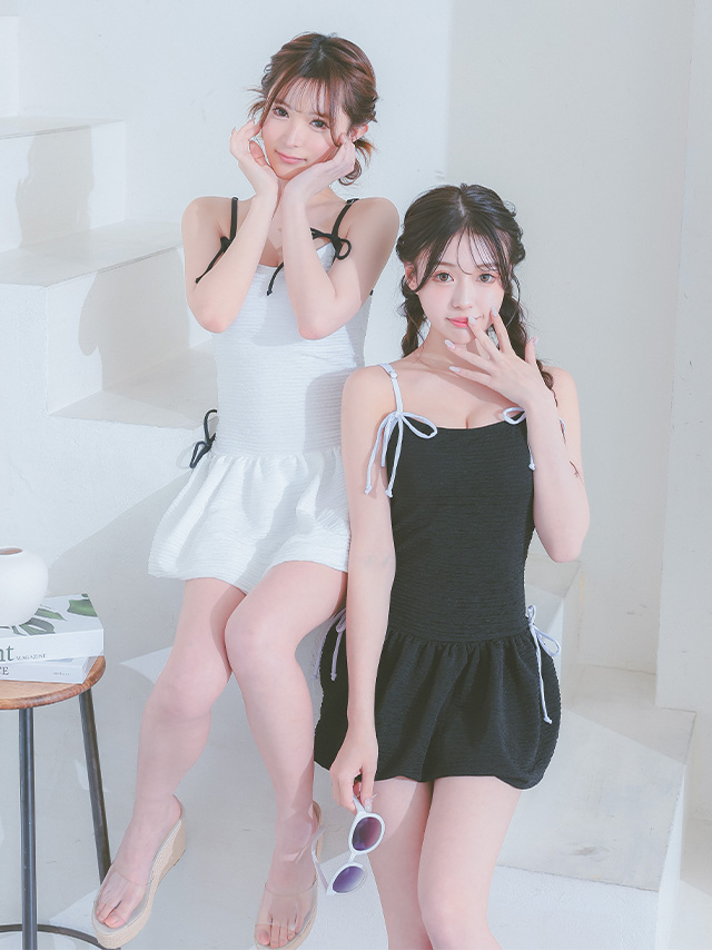 水着 パイピングリボン 韓国風 体型カバー ガーリー ワンピースビキニのイメージ画像4