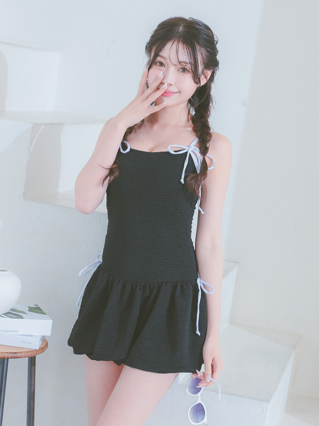水着 パイピングリボン 韓国風 体型カバー ガーリー ワンピースビキニのイメージ画像3