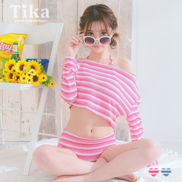 水着 ショート丈 オフショル ロングスリーブ トップス 体型カバー ボーダー 韓国風 タンキニのメイン画像