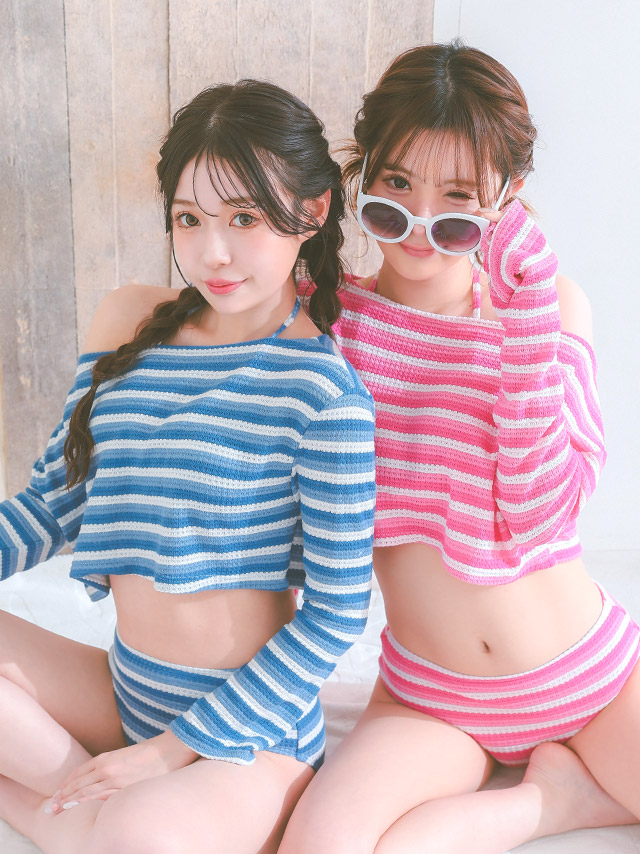 水着 ショート丈 オフショル ロングスリーブ トップス 体型カバー ボーダー 韓国風 タンキニのサイドバッグ画像