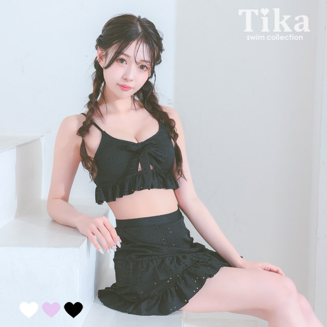 水着 エンブロイダリー レース リボン 体型カバー フリル ラップスカート 韓国風 ガーリー タンキニのメイン画像