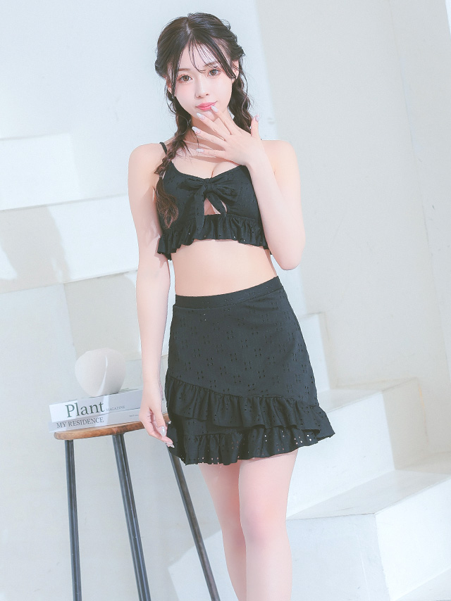 水着 エンブロイダリー レース リボン 体型カバー フリル ラップスカート 韓国風 ガーリー タンキニのサイドバッグ画像