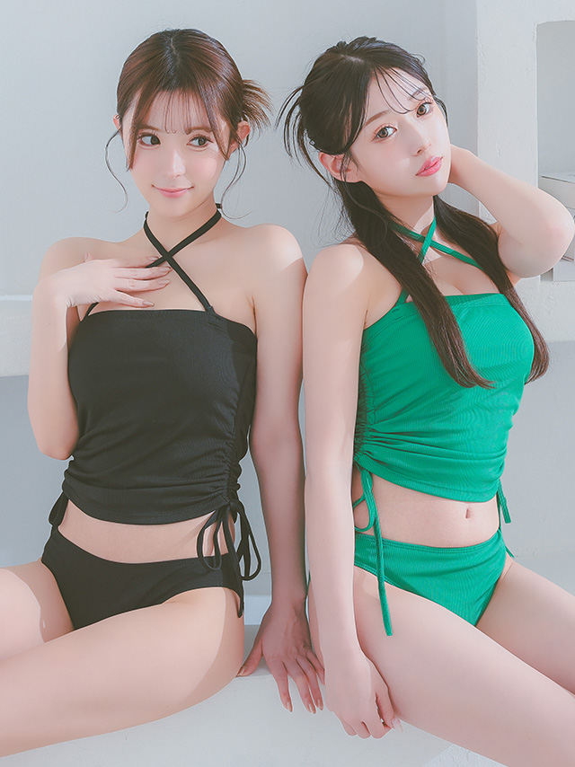 水着 クロス ホルターネック ドロスト ビスチェ 体型カバー ワンカラー 韓国風 ギャル タンキニのサイドバッグ画像